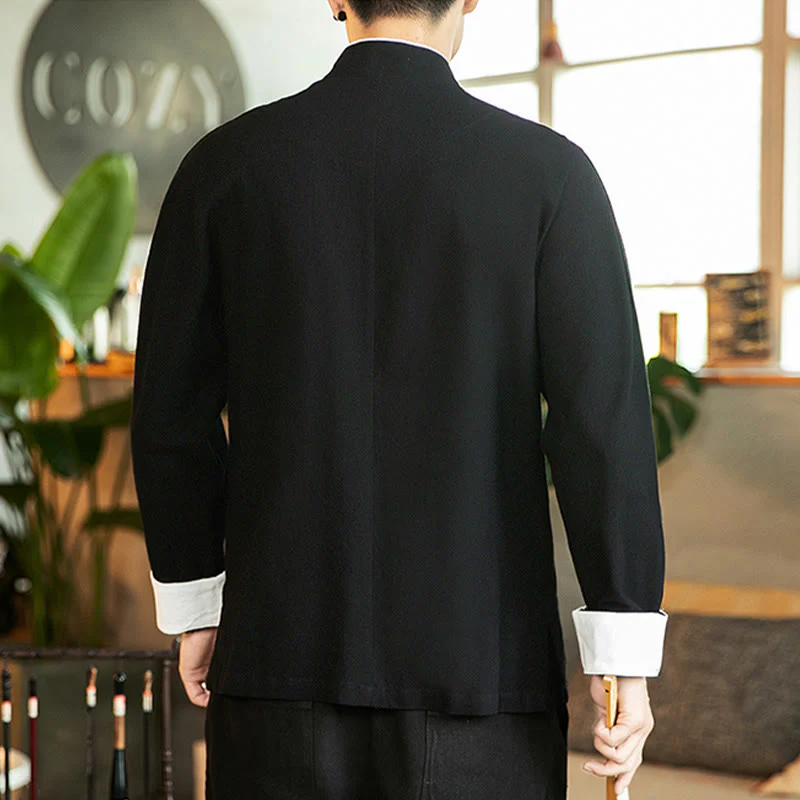 Buddha Stones Tang Suit Frog-Button Crane Embroidery Long Sleeve Cotton Men's Shirt