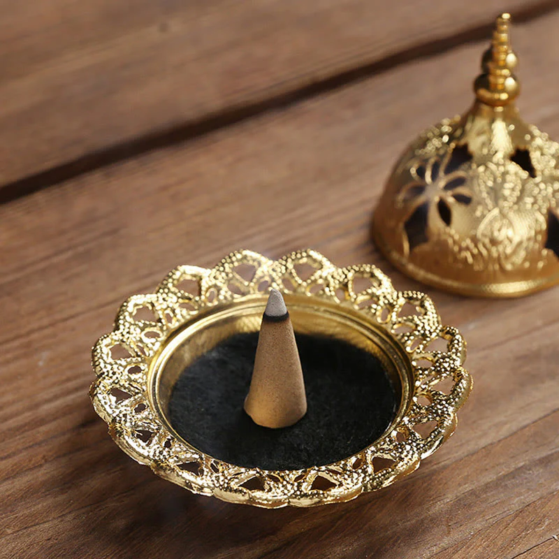 Buddha Stones Gold Gourd Star Feather Spiritual Meditation Mini Alloy Metal Incense Burner