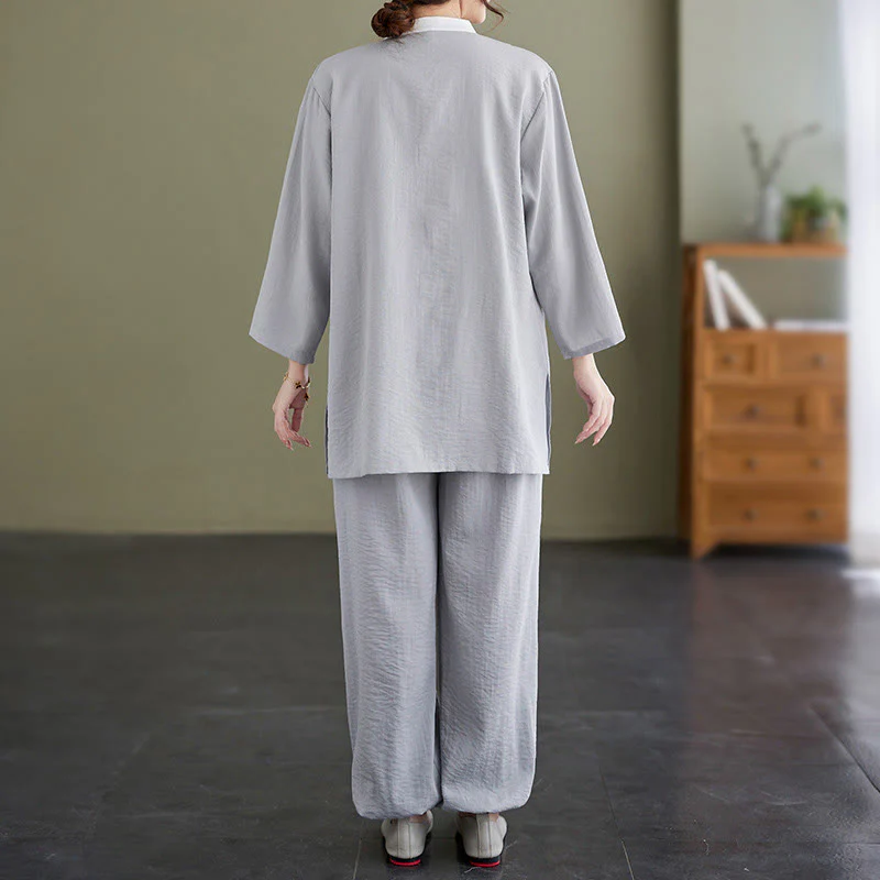 Buddha Stones 2pcs Cotton Tai Chi Shirt Top Pants Meditation Zen Clothing Women's Set