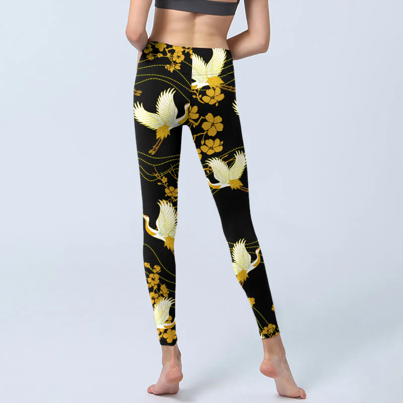 Buddha Stones Red-crowned Cranes Golden Flowers Line Pattern Print Gym Leggings Women's Yoga Pants