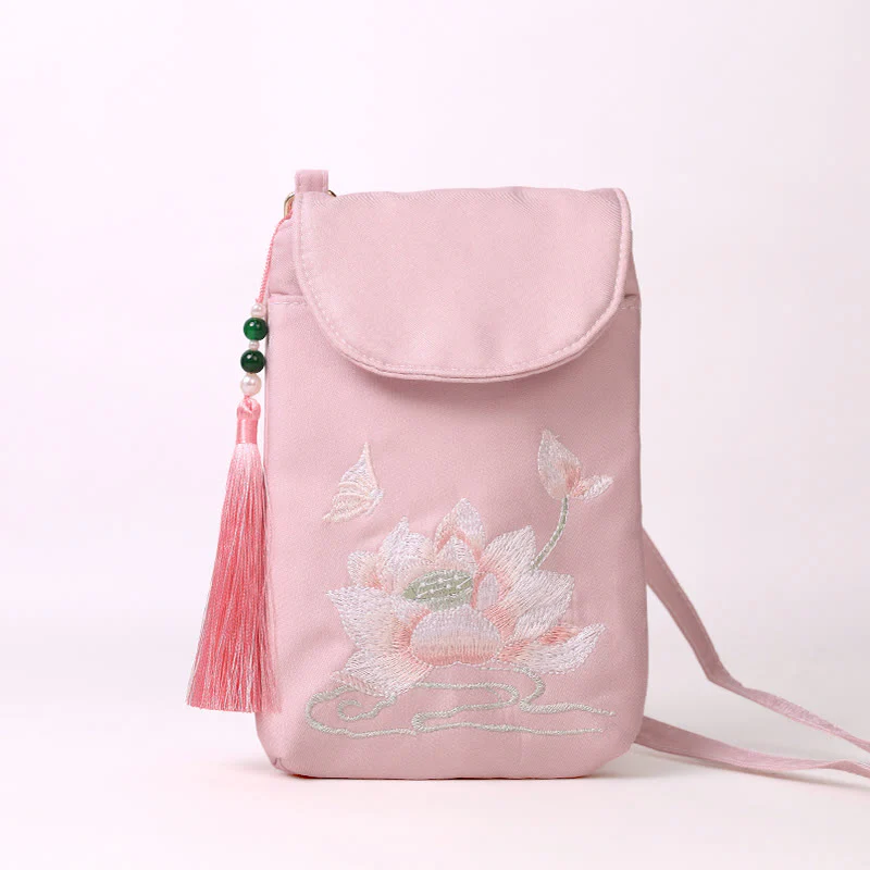 Buddha Stones Small Embroidered Flowers Crossbody Bag Shoulder Bag Double Layer Cellphone Bag