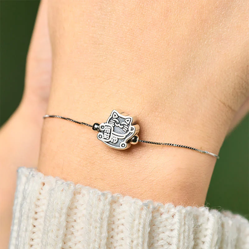 Buddha Stones 999 Sterling Silver Fortune Cat 925 Sterling Silver Chain Protection Bracelet