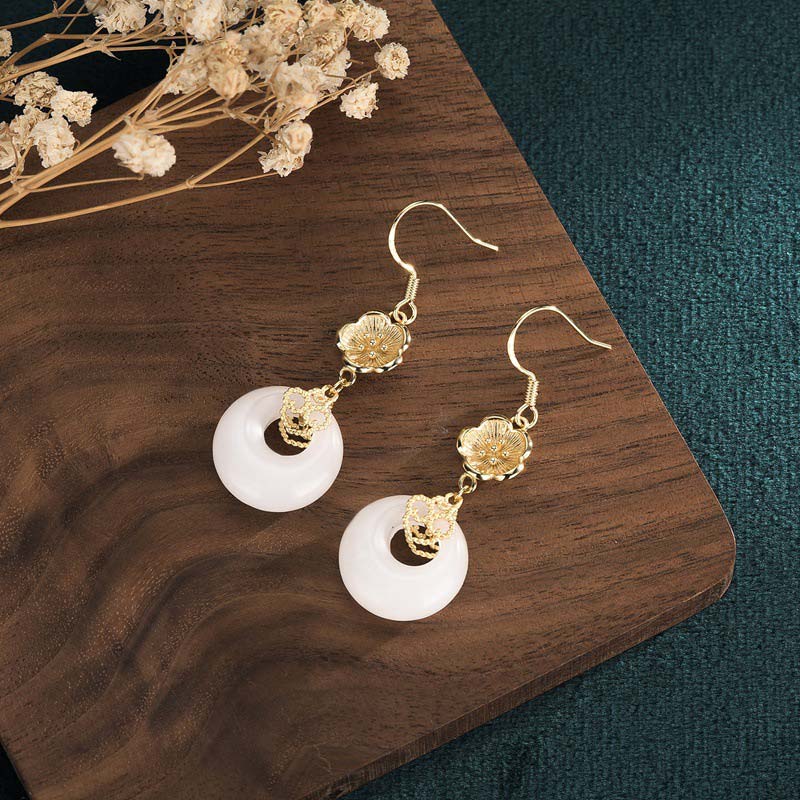 Buddha Stones FengShui White Jade Blessing Drop Earrings