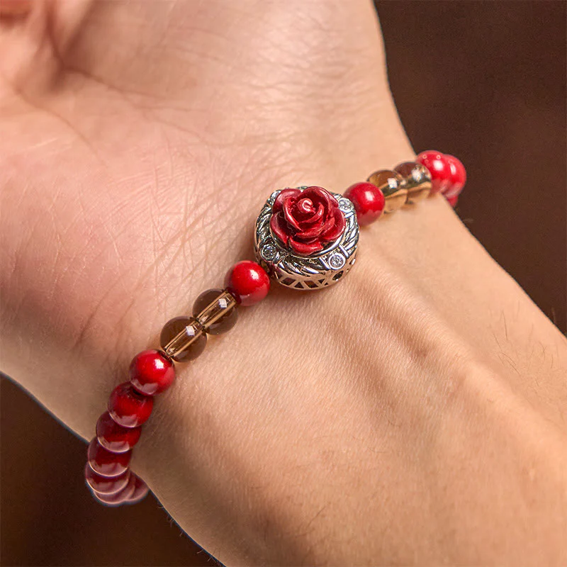 Buddha Stones Cinnabar Angora Red Shell Pearl Rose Petals Calm Bracelet