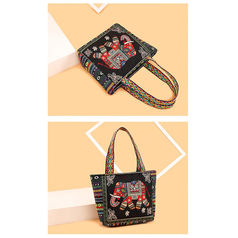 Buddha Stones Elephant Butterfly Embroidered Large Capacity Canvas Tote Bag Shoulder Bag