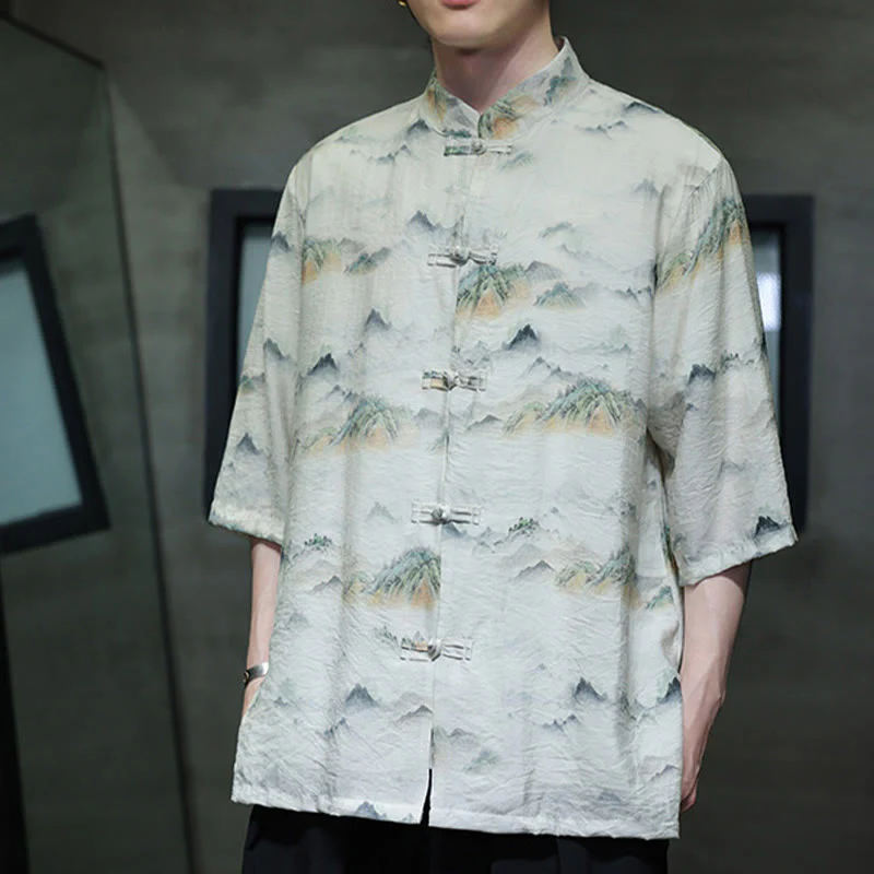 Buddha Stones Ink Painting Mountains Chinese Frog-Button Tang Suit Men's Half Sleeve Cotton Linen Shirt