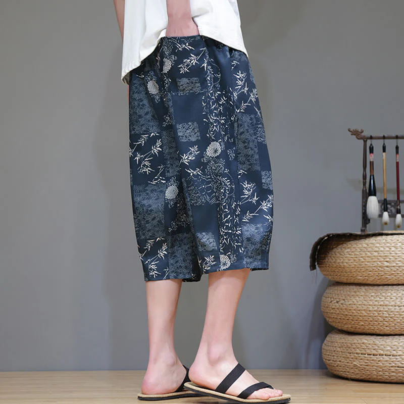 Buddha Stones Summer Bamboo Leaves Flowers Cotton Linen Men's Capri Pants With Pockets
