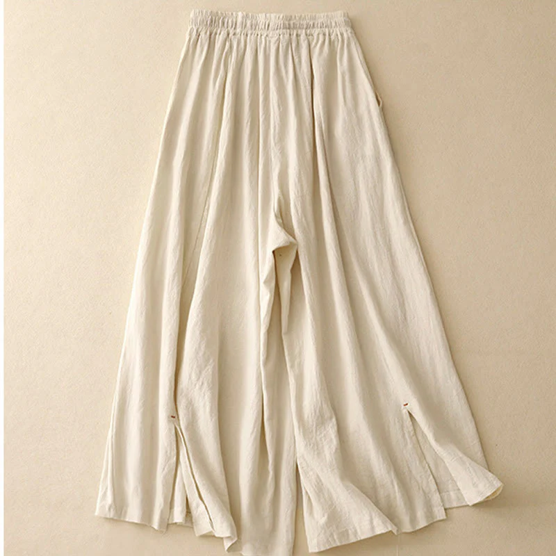 Buddha Stones Casual Simple Design Drawstring Split Cotton Linen Women's Wide Leg Pants With Pockets