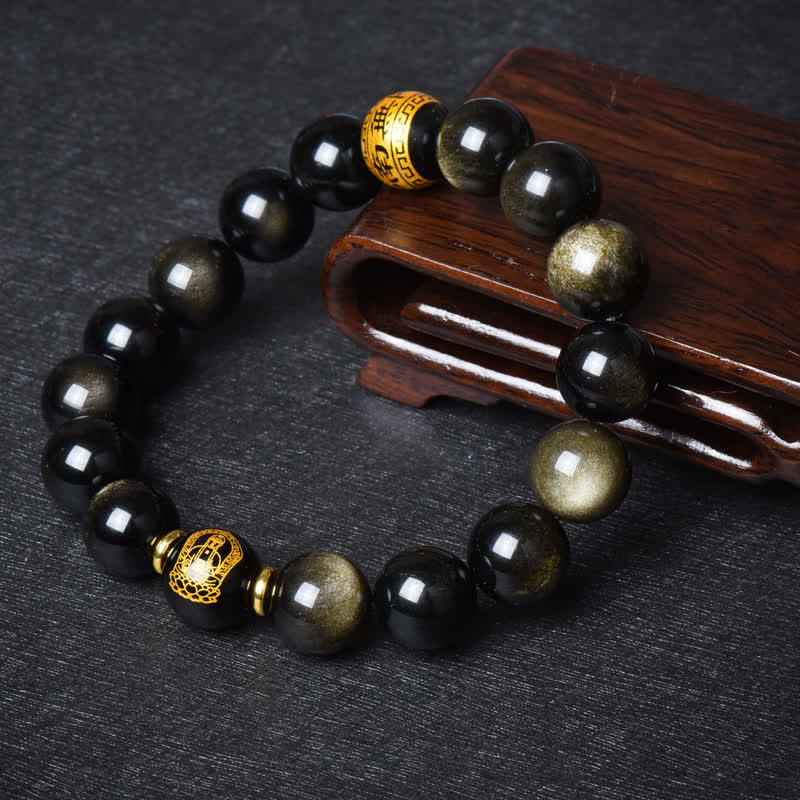 Buddha Stones Chinese Zodiac Natal Buddha Gold Sheen Obsidian Wealth Protection Bracelet