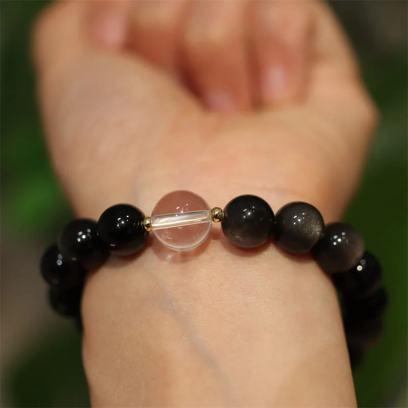 Buddha Stones Natural Silver Sheen Obsidian Pink Crystal White Crystal Protection Yin Yang Color Couple Bracelet