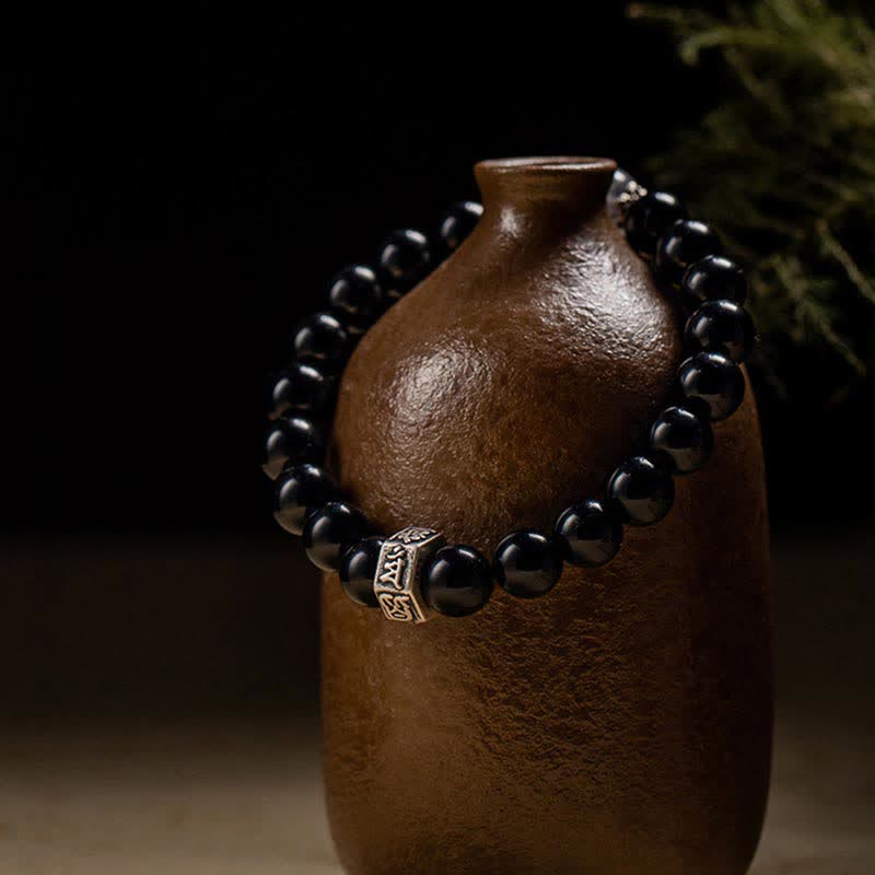 Buddha Stones Chinese Zodiac Natal Buddha 925 Sterling Silver Black Obsidian Moonstone Strength Bracelet