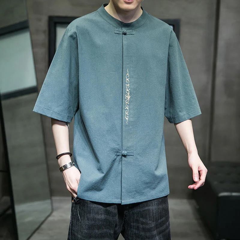 Buddha Stones Casual Solid Color Frog-Button Embroidery Men's Cotton Linen Shirt Cardigan