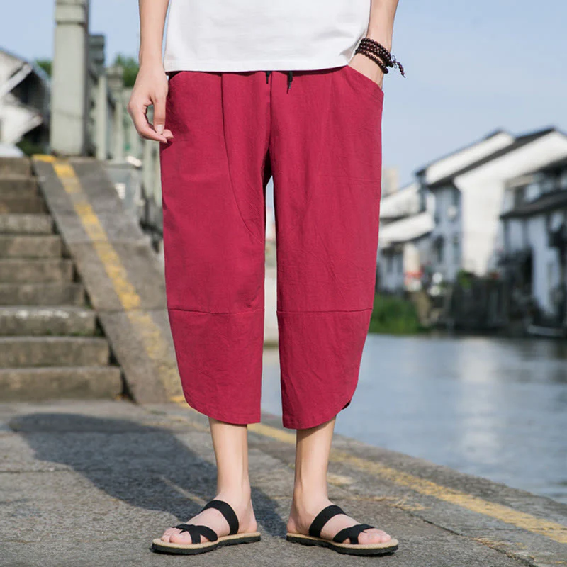 Buddha Stones Summer Casual Simple Plain Tapered Design Drawstring Men's  7-8 Length Cotton Linen Pants With Pockets