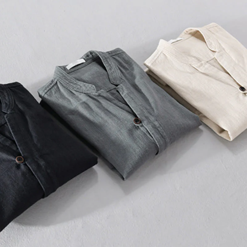 Buddha Stones Spring Daily Simple Buttons Design Stand Collar Men's Long Sleeve Cotton Linen Shirt With Pockets