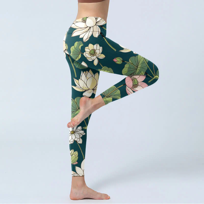 Buddha Stones Beige Pink Lotus Flowers Leaves Print Gym Leggings Women's Yoga Pants