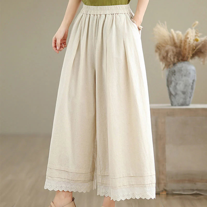 Buddha Stones Commute Simple Lace Design 7-8 Length Women's Wide Leg Cotton Linen Pants With Pockets