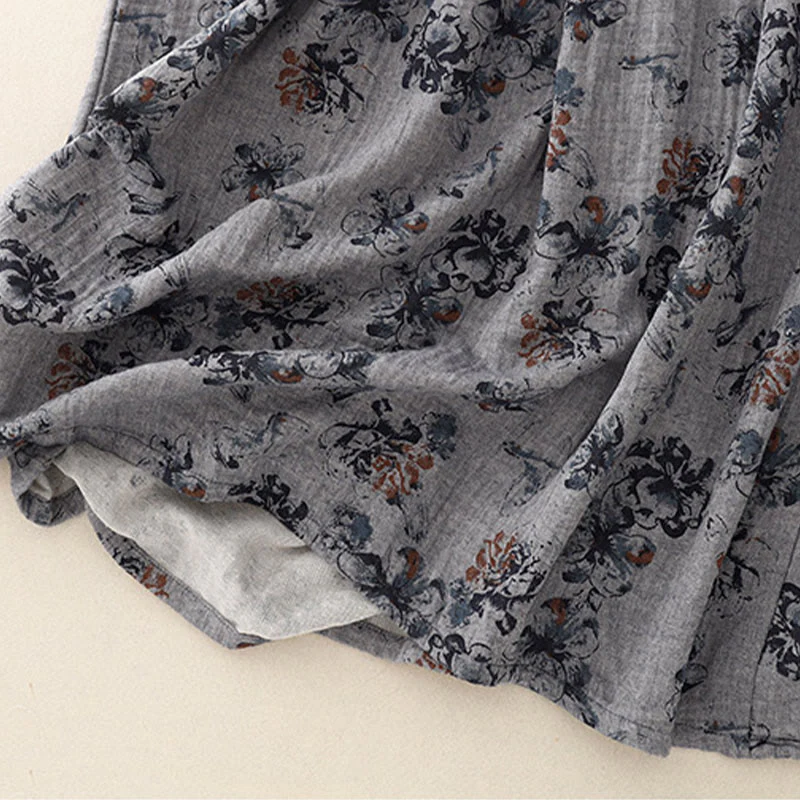 Buddha Stones Casual Small Floral Pattern Crew Neck Cotton Linen Midi Dress With Pockets