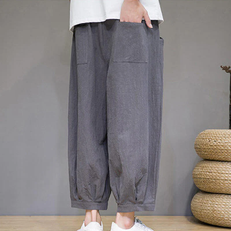Buddha Stones Casual Plain Men's Cotton 7-8 Length Harem Pants With Pockets