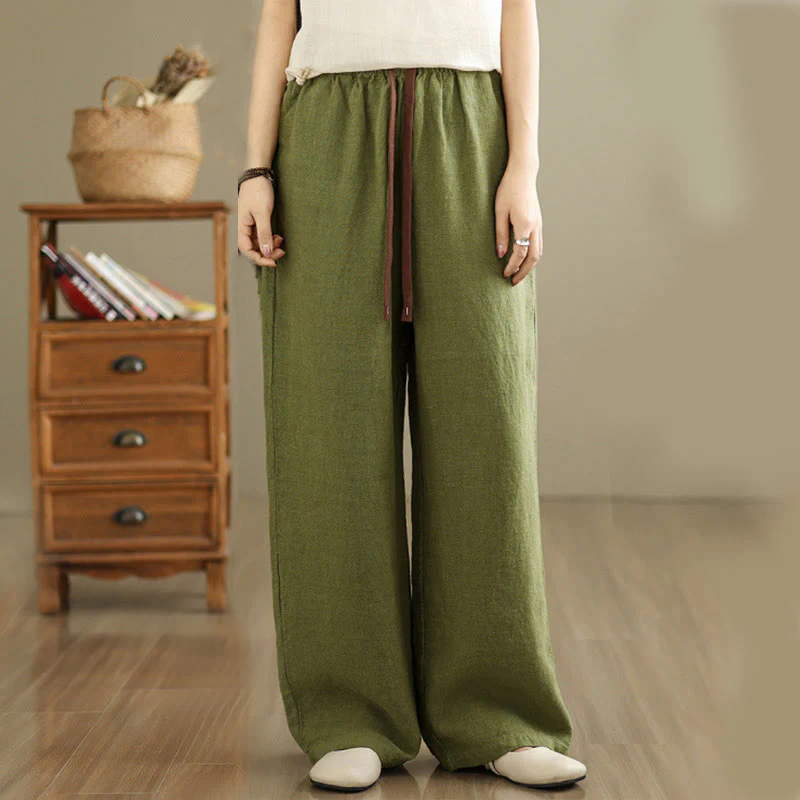 Buddha Stones Commute Retro Solid Color Women's Harem Drawstring Cotton Pants With Pockets