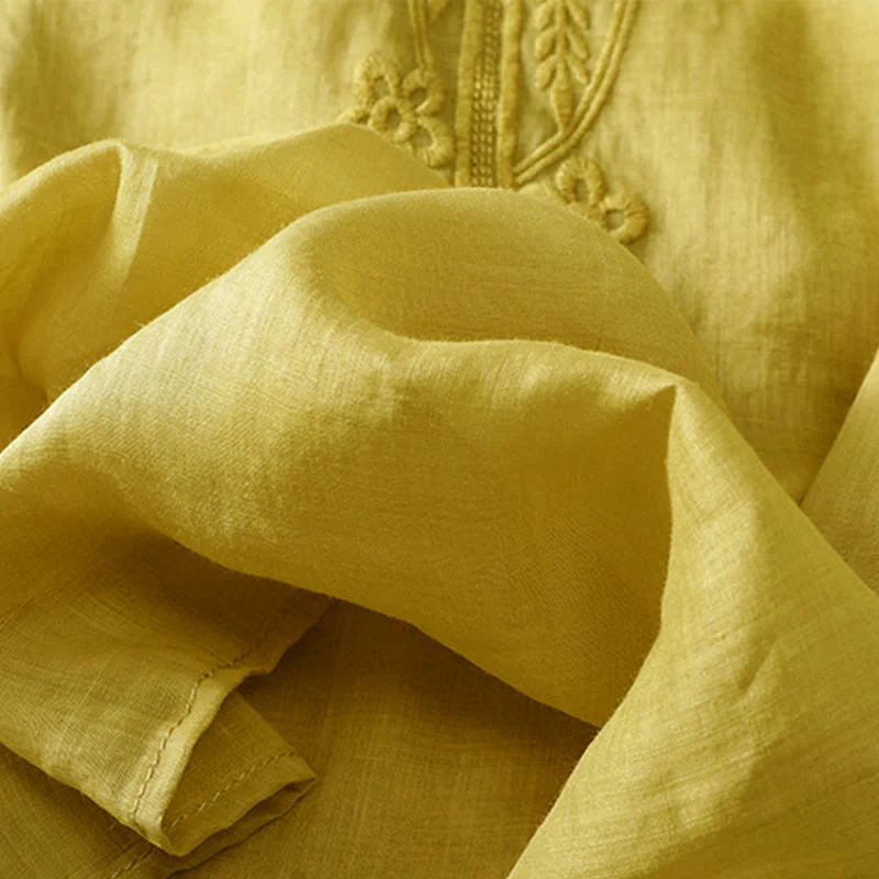 Buddha Stones Women's Crew Neck Hollow Design Half Sleeve Cotton Linen Shirt