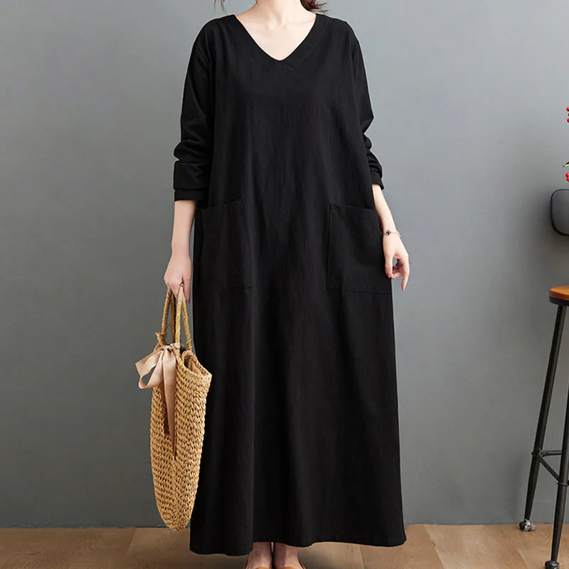Buddha Stones Fall Casual Simple Design Long Sleeve Cotton Linen Maxi Dress With Pockets