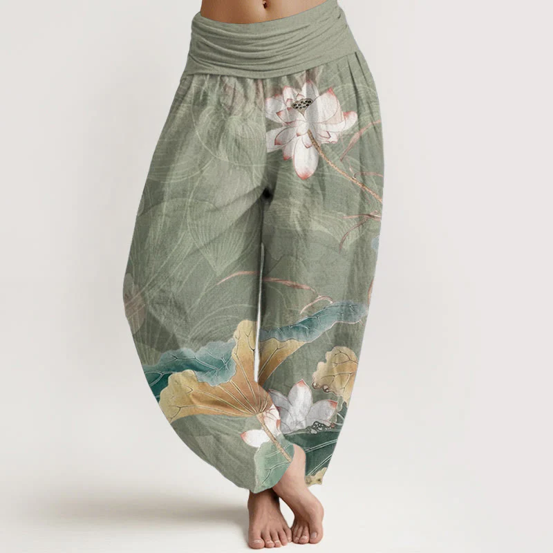 Buddha Stones Pure Cotton Lotus Flowers Leaves Pattern Women's Elastic Waist Harem Pants