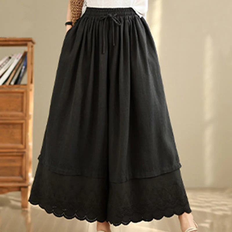 Buddha Stones Spring Embroidery Lace Hem Patchwork Drawstring Design Women's Wide Leg Cotton Pants With Pockets