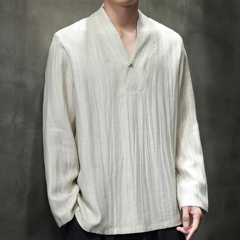 Buddha Stones Plain V-Neck Long Sleeve Men's Linen Shirt