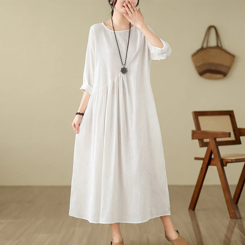 Buddha Stones Plain Jacquard Flower Irregular Design Cotton Linen Midi Dress With Pockets