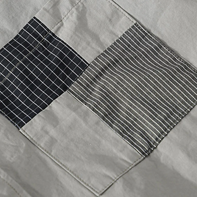 Buddha Stones Spring Daily Line Patchwork Design Lapel Men's Long Sleeve Cotton Linen Shirt With Pockets