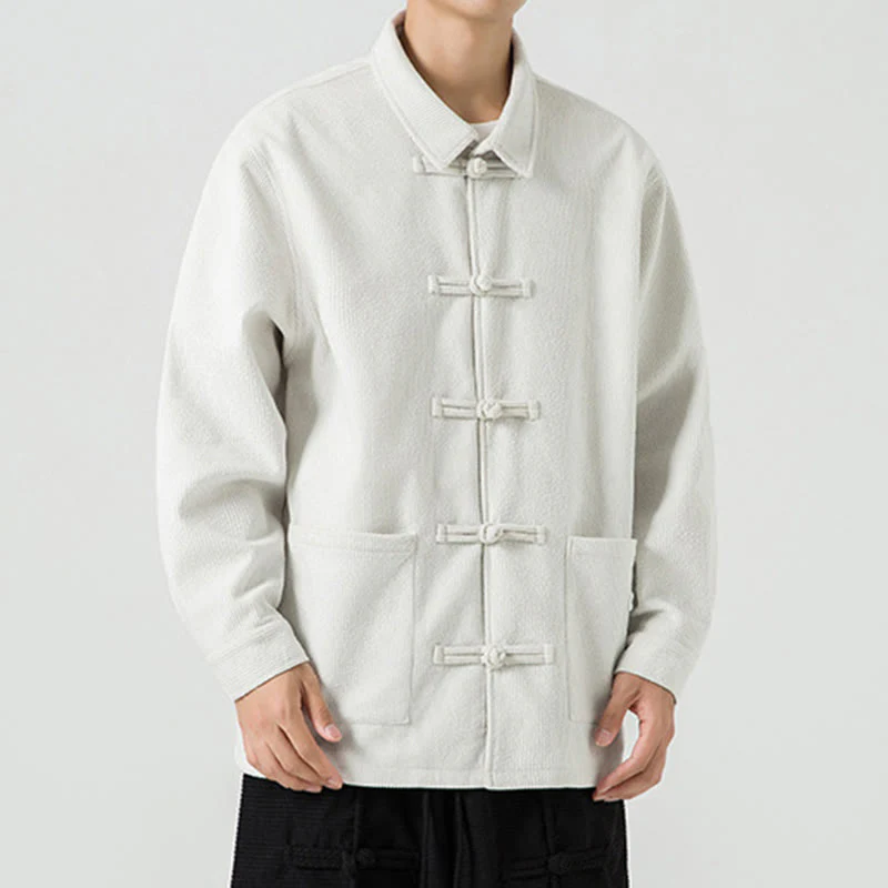 Buddha Stones Long Sleeve Frog-button Design Men's Polyester Jacket Shirt With Pockets