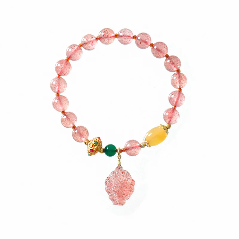 Buddha Stones Natural Strawberry Quartz Nine Tailed Fox Healing Bracelet