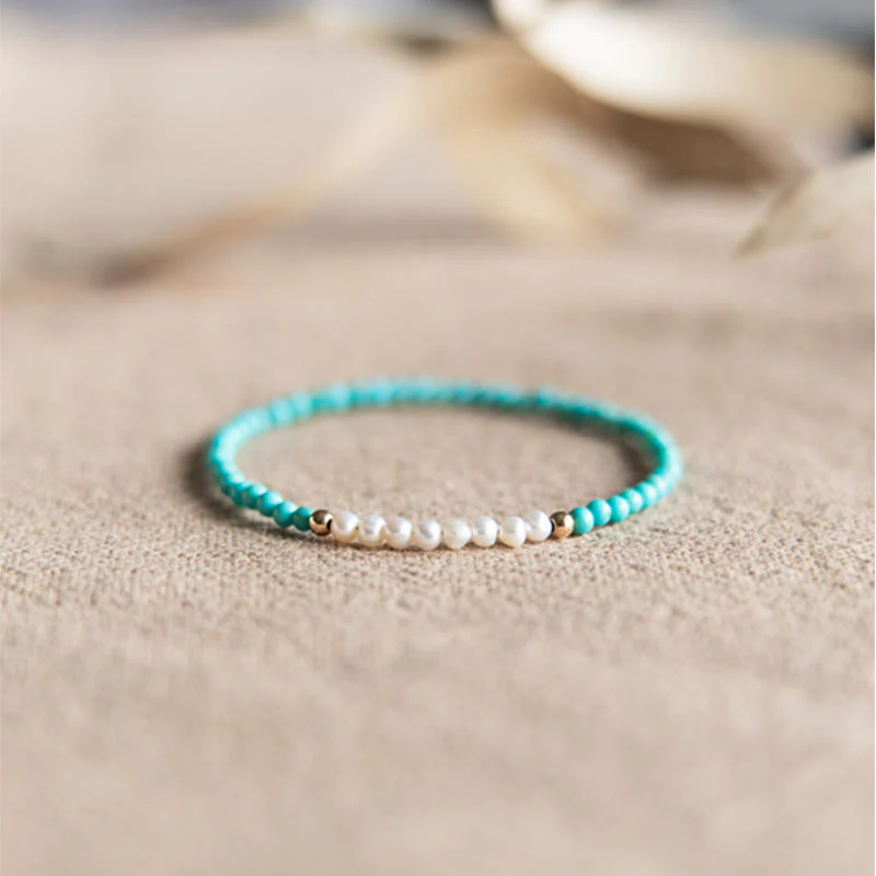 Buddha Stones 925 Sterling Silver Natural Turquoise Pearl Beaded Bracelet