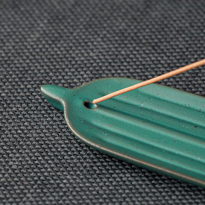 Buddha Stones Green Bamboo Leaf Healing Ceramic Incense Burner Decoration