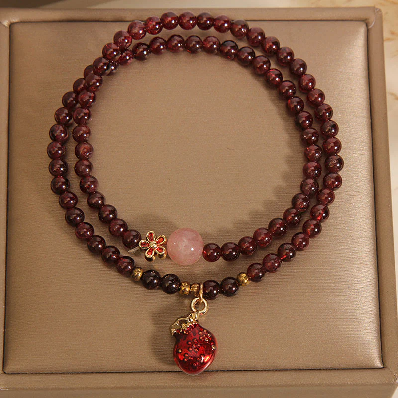 Buddha Stones Natural 3mm Ultra-thin Garnet Rose Quartz Beads Money Bag Bell Flower Protection Bracelet