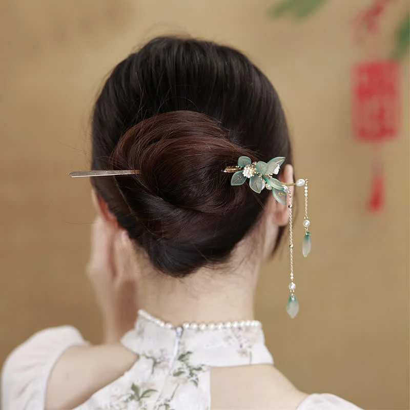 Buddha Stones Flower Leaf Pearl Peace Tassel Hairpin
