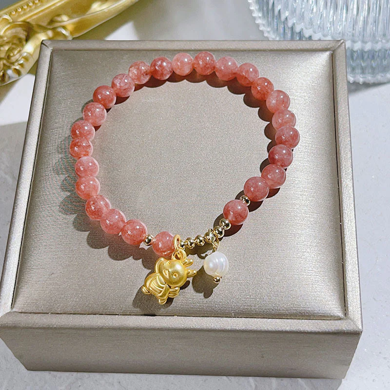 Buddha Stones Year of the Dragon Strawberry Quartz Dragon Pearl Charm Protection Bracelet