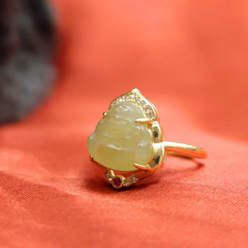 Buddha Stones Natural Hetian Jade Egg Gourd Copper Laughing Buddha Open Luck Ring