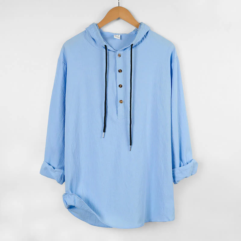 Buddha Stones Solid Color Fall Half Buttons Men's Hooded Long Sleeve Cotton Shirt