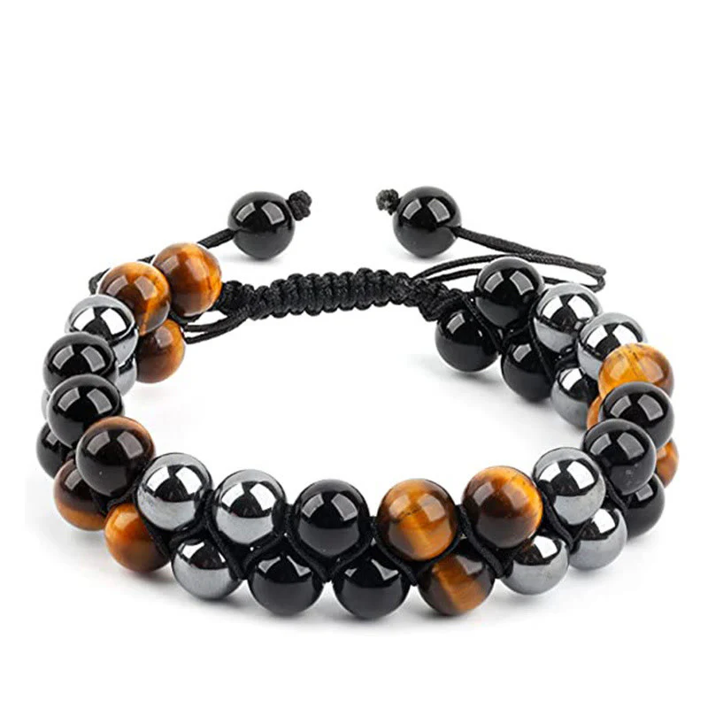 Buddha Stones Natural Tiger Eye Black Magnetite Black Onyx Double Row Beads Protection Bracelet