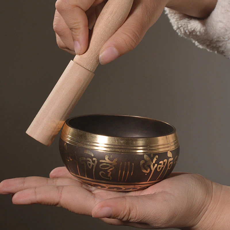 Buddha Stones Handmade Singing Bowl Buddha Eyes Scripture Pattern for Healing and Meditation Sound Bowl Set