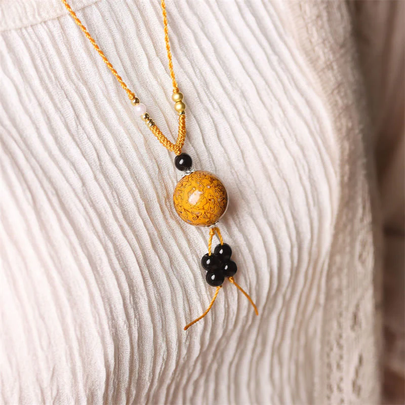 Buddha Stones Ebony Wood Aurora Lacquer Craft Bead Pearl Balance Necklace Pendant