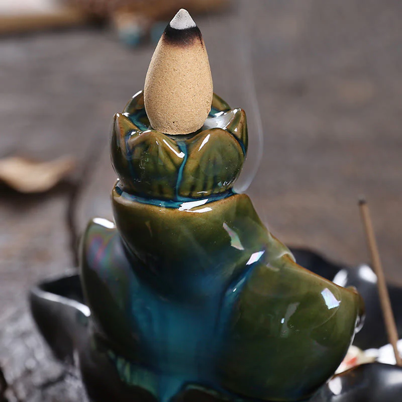 Buddha Stones Lotus Leaf Koi Fish Ceramic Backflow Smoke Fountain Peace Incense Burner Decoration