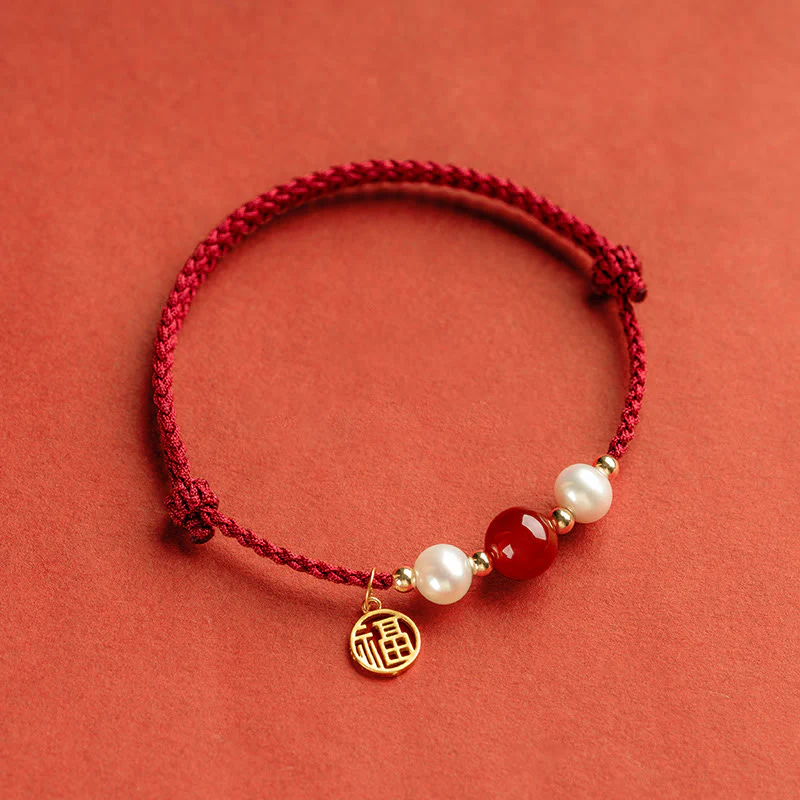 Buddha Stones 925 Sterling Silver Good Fortune Fu Character Agate Pearl Red String Braid Bracelet