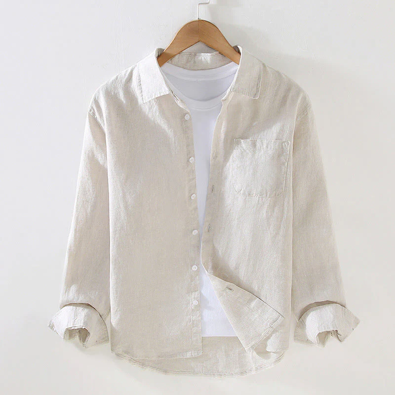 Buddha Stones Spring Men's Casual Pure Color Linen Long Sleeve Shirt With Pocket