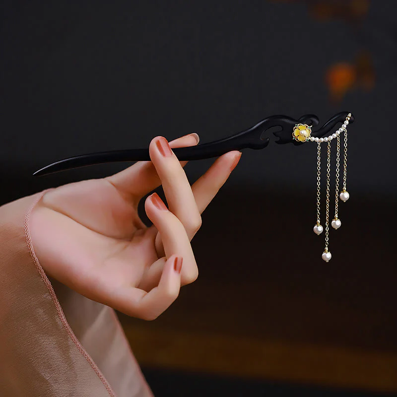 Buddha Stones Ebony Wood Yellow Flower Pearl Tassels Hairpin