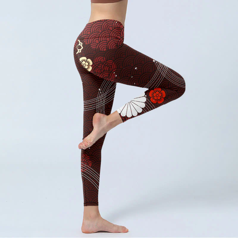 Buddha Stones Reddish-brown Floral Fan-shaped Wave Print Gym Leggings Women's Yoga Pants