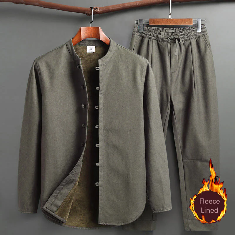 Buddha Stones Solid Tang Suit Traditional Fleece Lined Uniform Long Sleeve Top Pants Men's Set