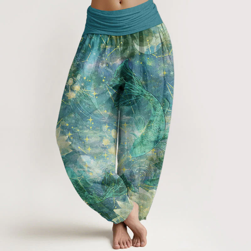 Buddha Stones Pure Cotton Koi Fish Lotus Moon Stars Pattern Women's Elastic Waist Harem Pants