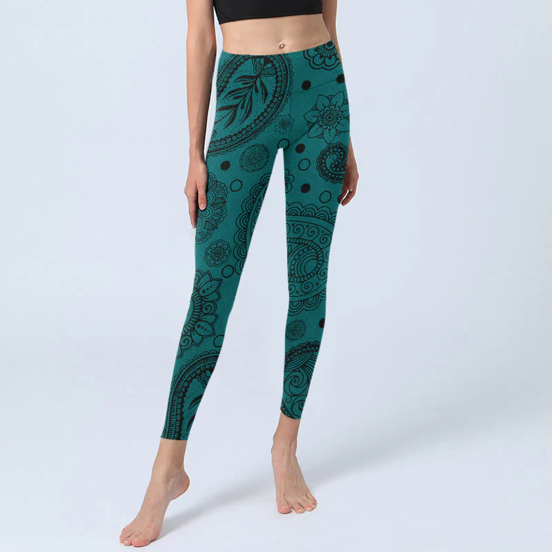 Buddha Stones Deep Green Cashew Flower Petals Print Gym Leggings Women's Yoga Pants